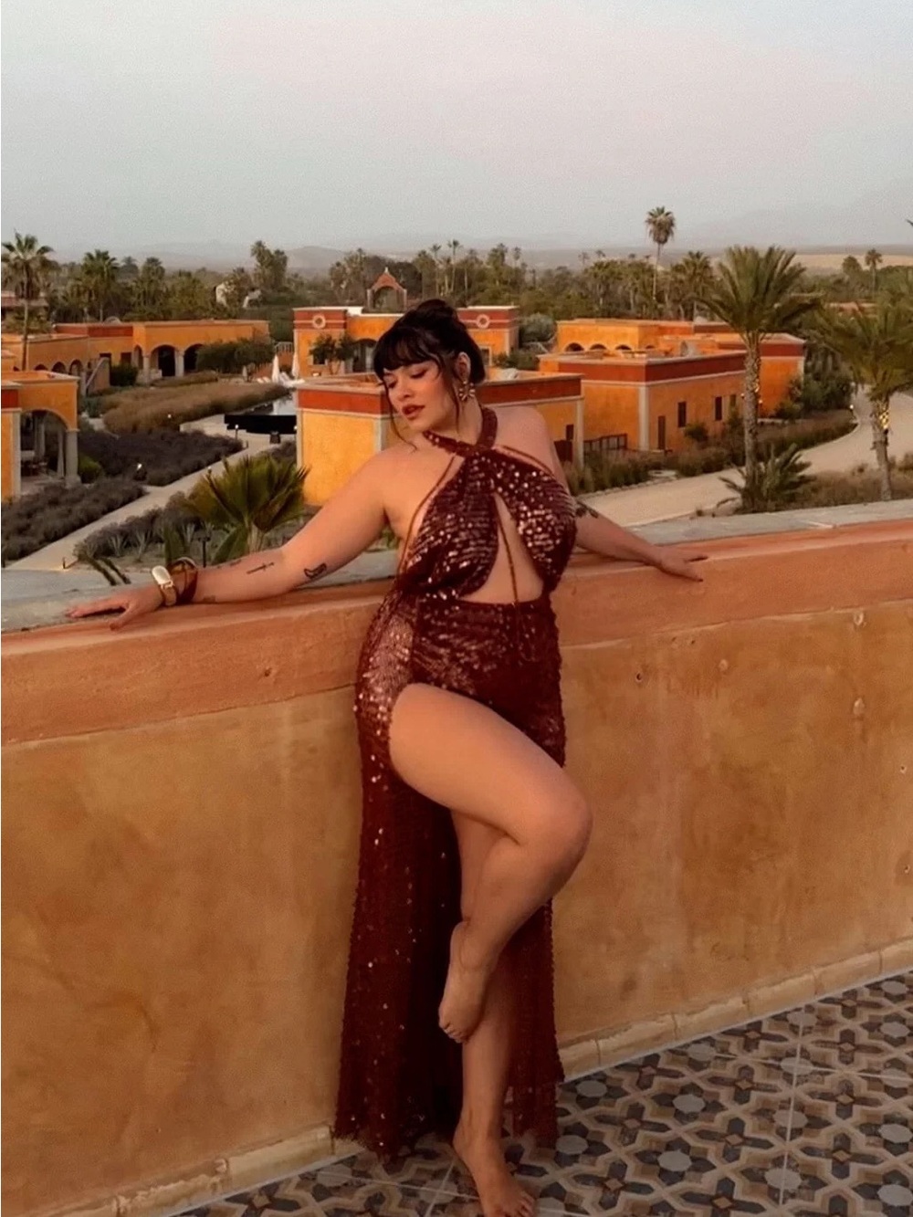 12th Tribe Brown Sequined Maxi Dress with Cutouts - Picture 3 of 5
